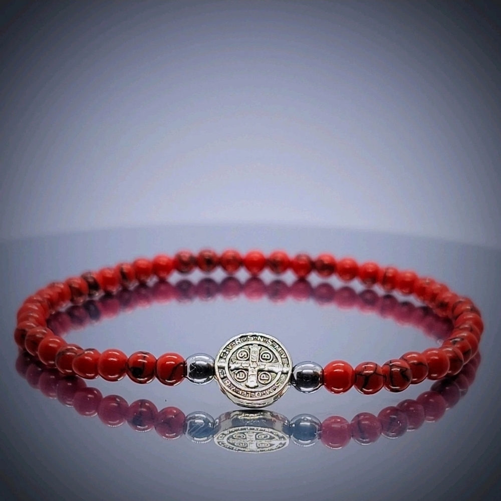 Red Beaded Bracelet with Silver Charm - Women’s Jewelry